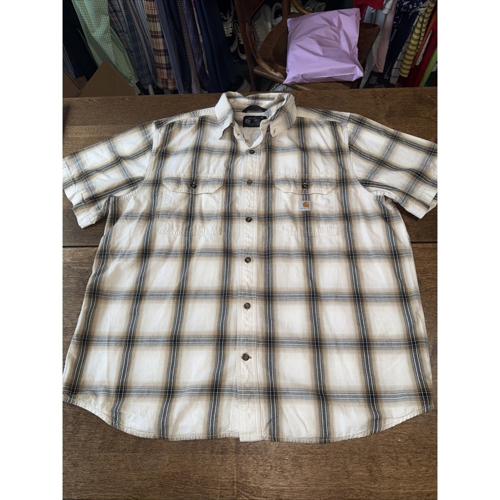 CARHARTT Loose Fit Plaid Shirt Size XL Mens Double Pocket Workwear Short Sleeve
